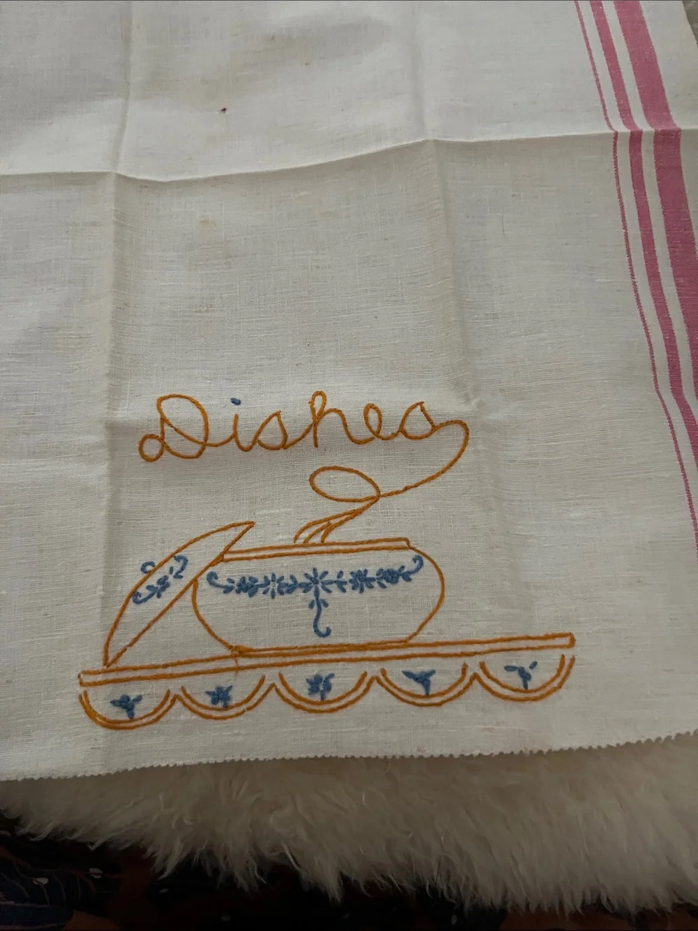 White Embroidered Kitchen Tea Towel with Blue & Orange Dish Motif